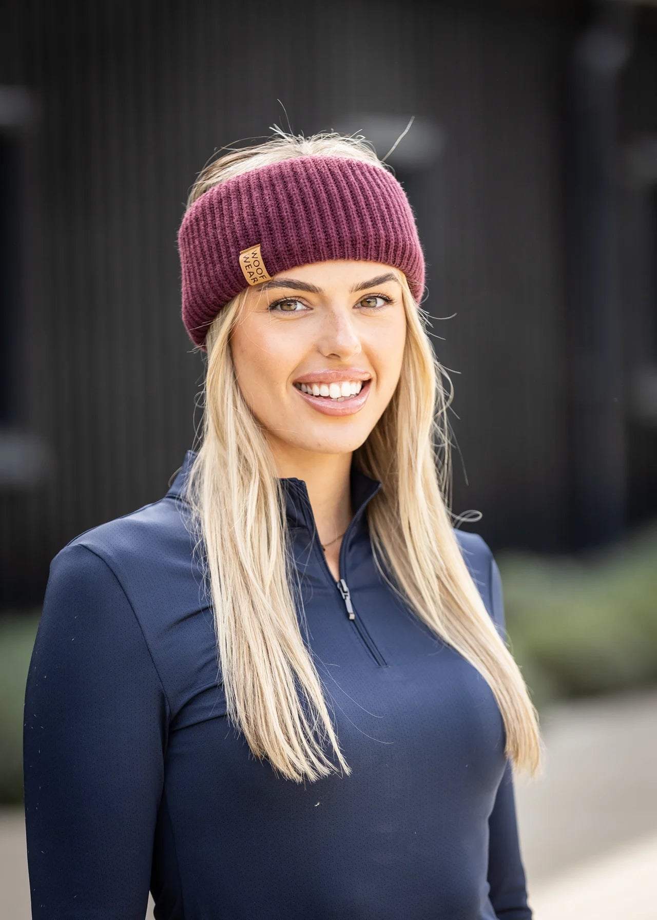 WOOF WEAR Ribbed Headband Plum: Warm fleece lined knitted headband by Equiflair for winter outdoor activities and fashion.