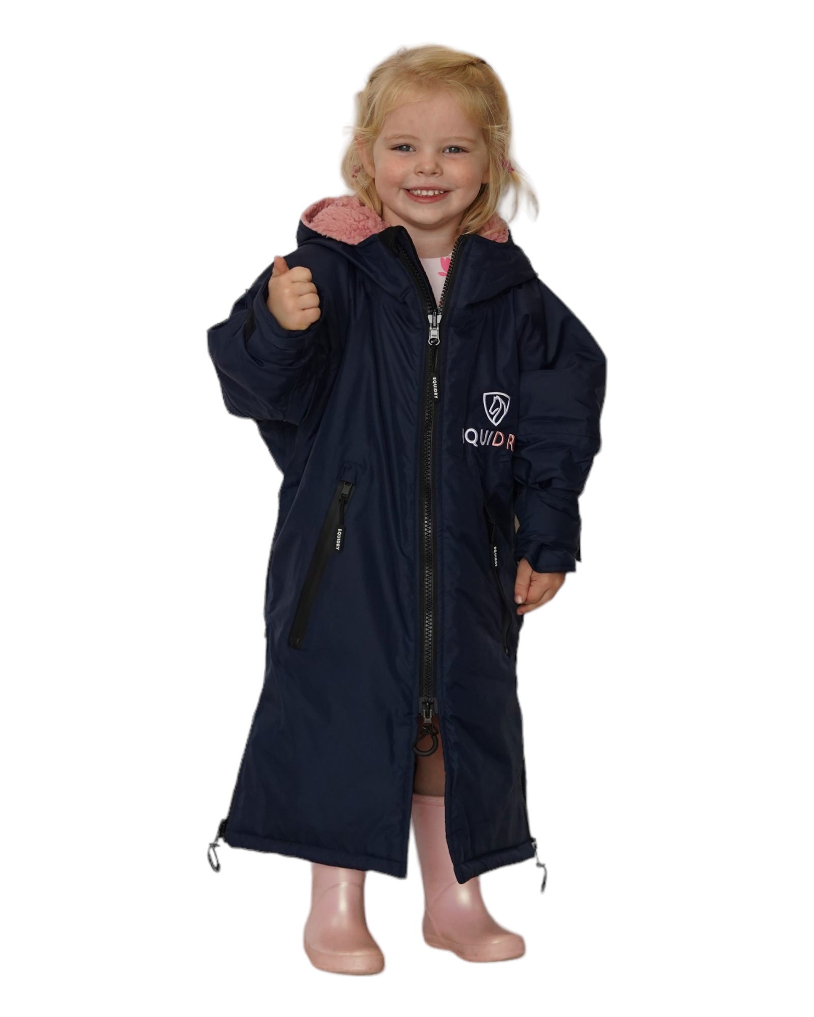 EQUIDRY Children's Riding Coat Navy/Pink - Girl with Thumbs Up! Waterproof, Warm Fleece. #equestrian #kidsfashion