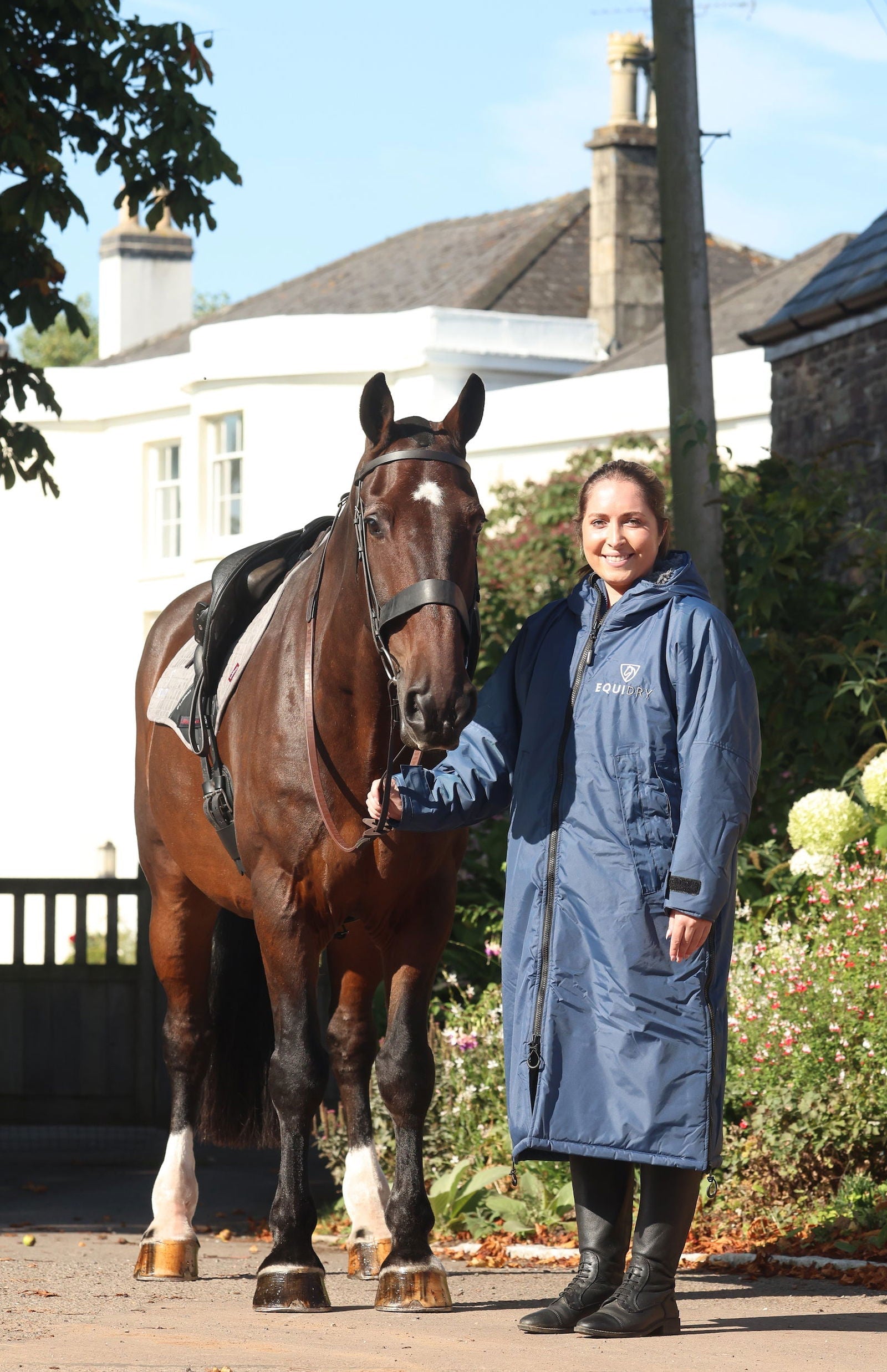 EQUIDRY waterproof horse riding raincoat All Rounder Original thick fleece Women's steel blue with horse
