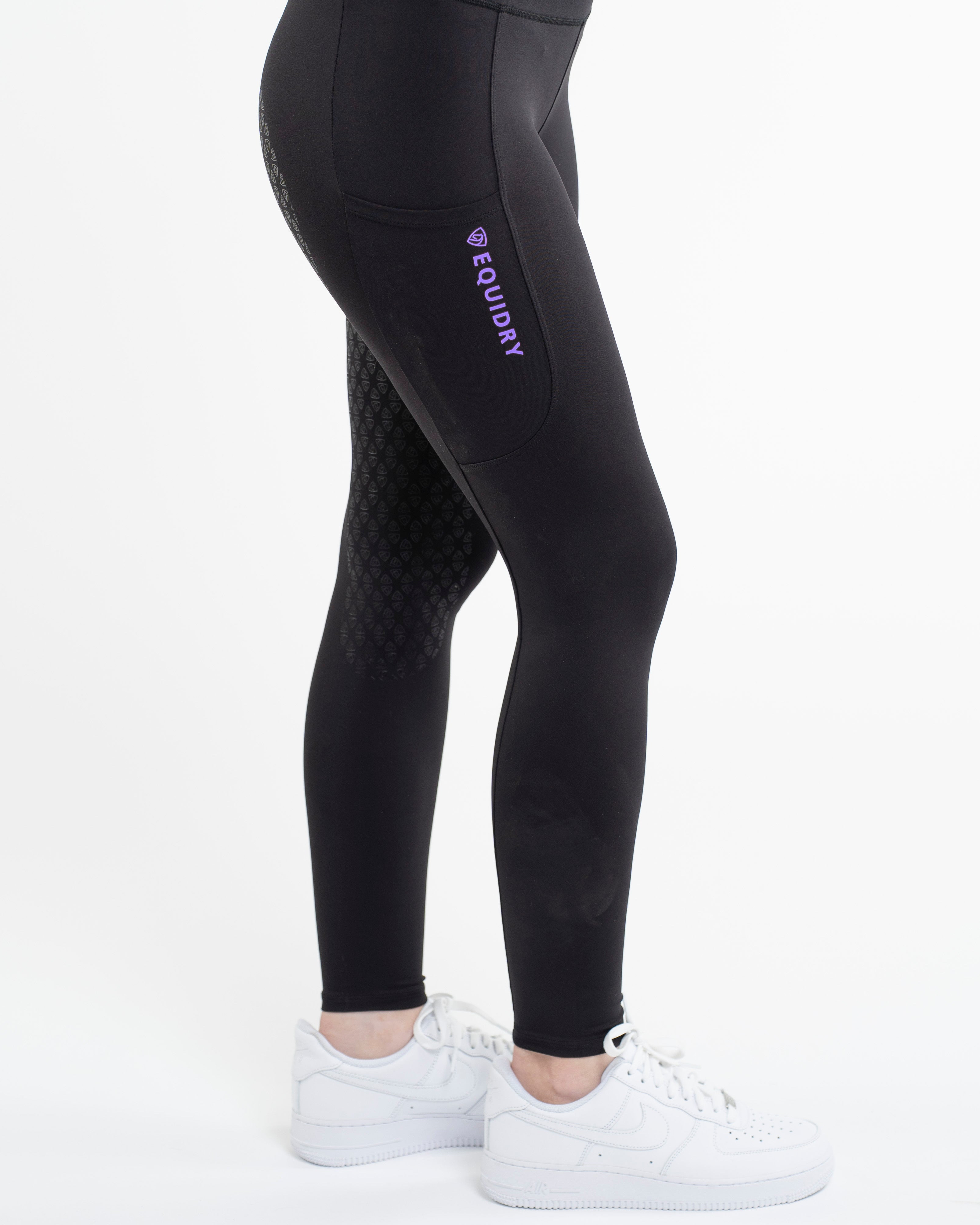 EQUIDRY Water Repellent Leggings - Full Seat Children's Black/Lilac. Riding apparel for young equestrians, comfortable & flexible.