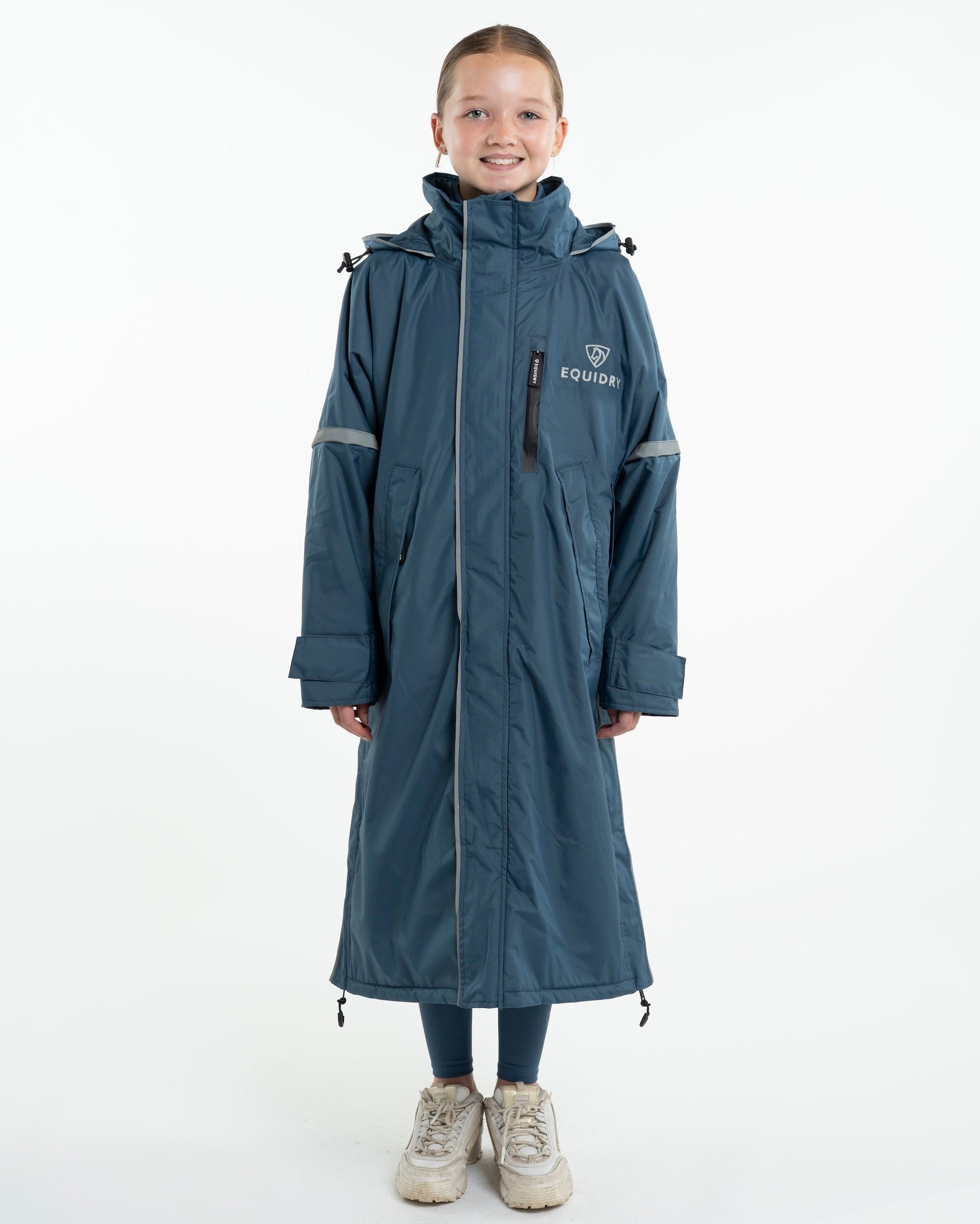 Equidry Children's Fleece Lined Coat Steel Blue - Waterproof, Reflective Outerwear for Kids Equestrian Activities