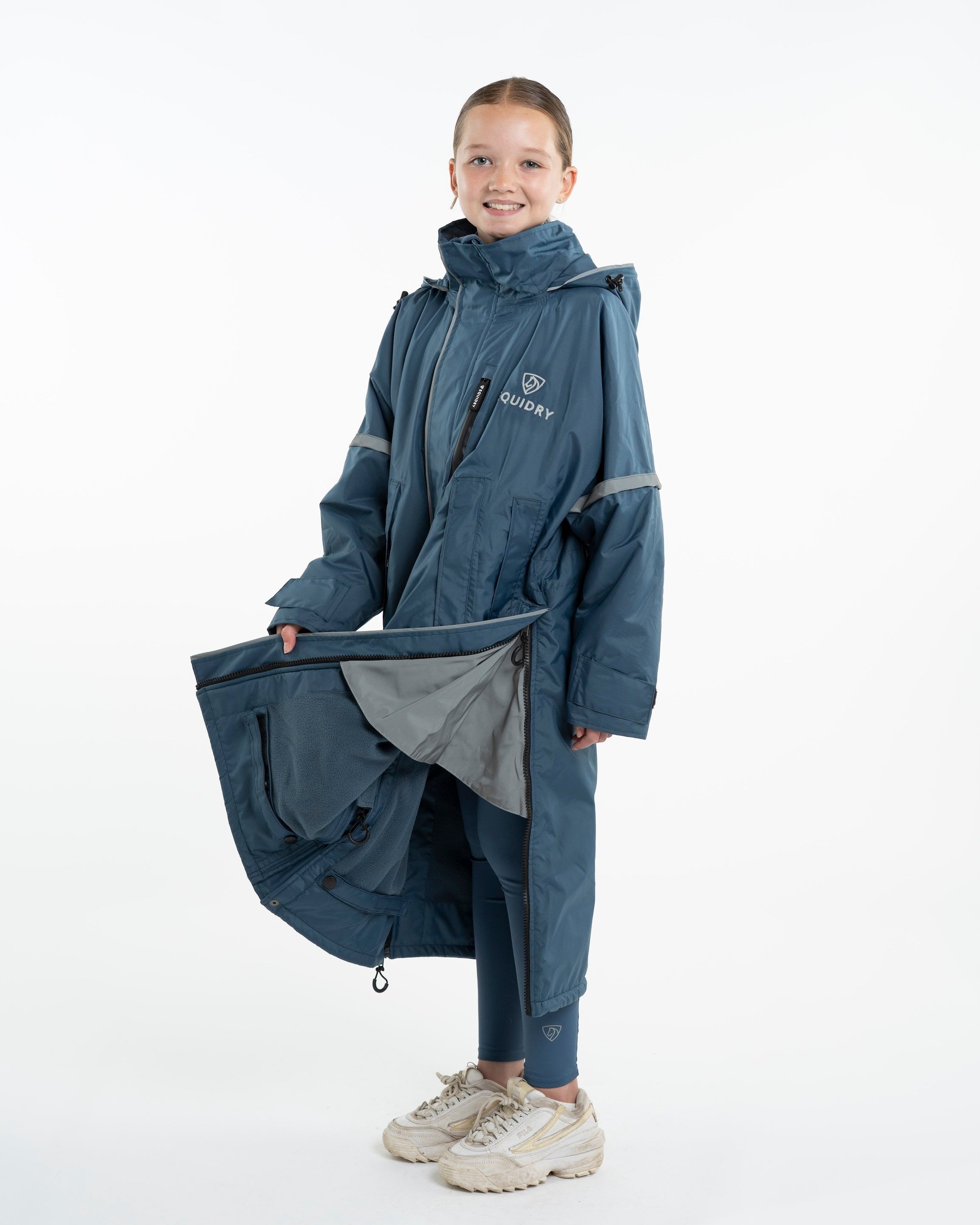 Equidry Evolution Children's Riding Coat: Waterproof, Reflective Steel Blue, Perfect Equestrian Outerwear