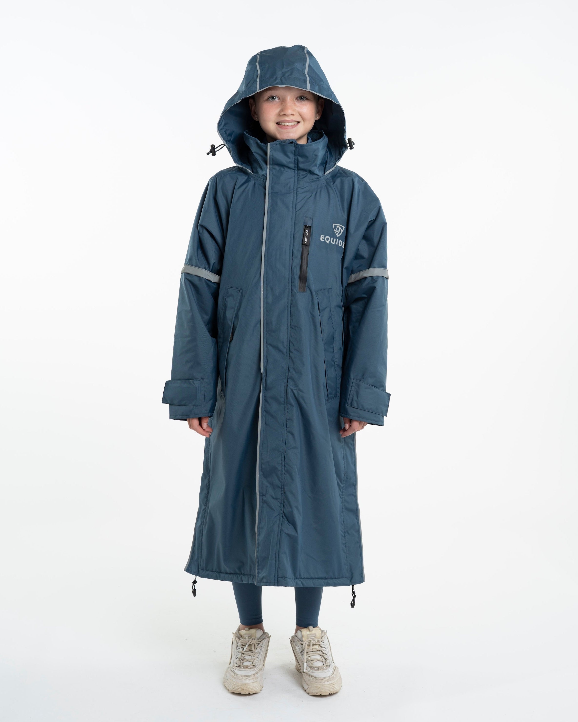 EQUIDRY Children's Waterproof & Reflective Fleece Lined Coat - Steel Blue. Kids Riding Coat
