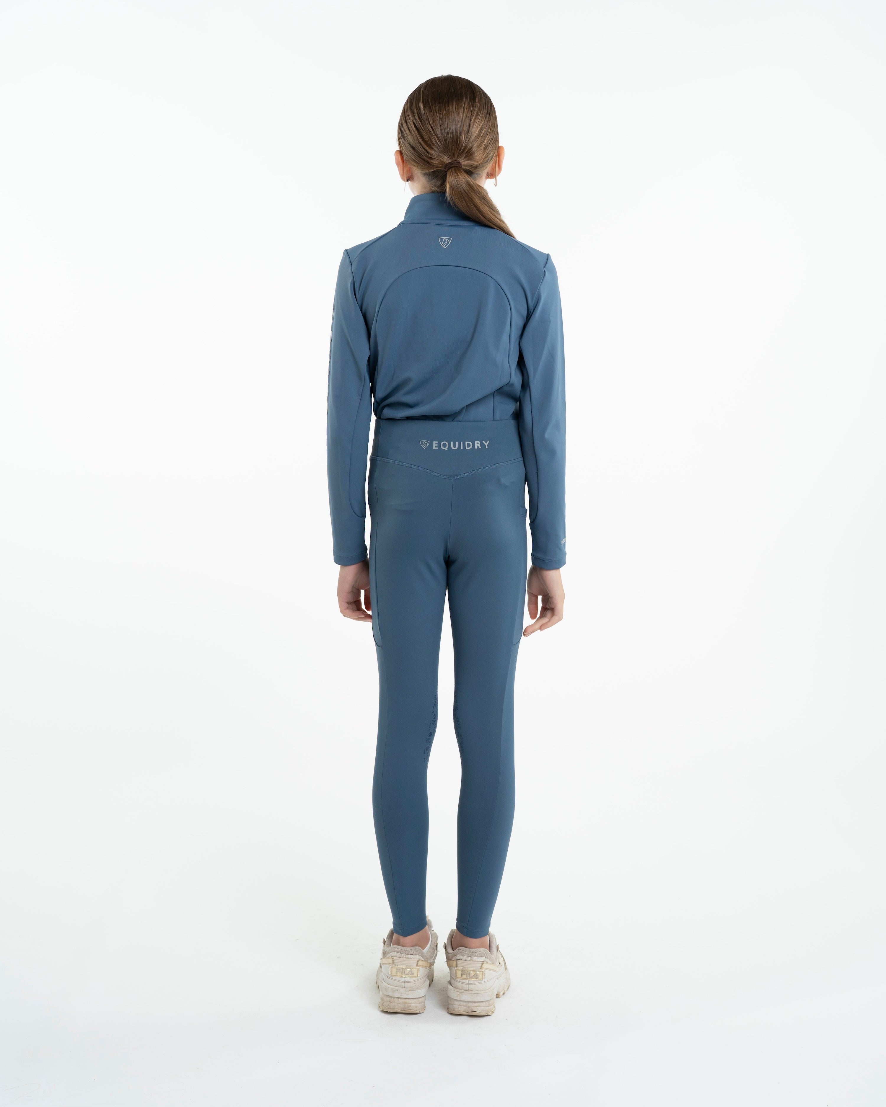 EQUIDRY Kids Steel Blue Riding Leggings & Jacket Set. Water-Repellent Equestrian Apparel for Children. - 7-8-yrs
