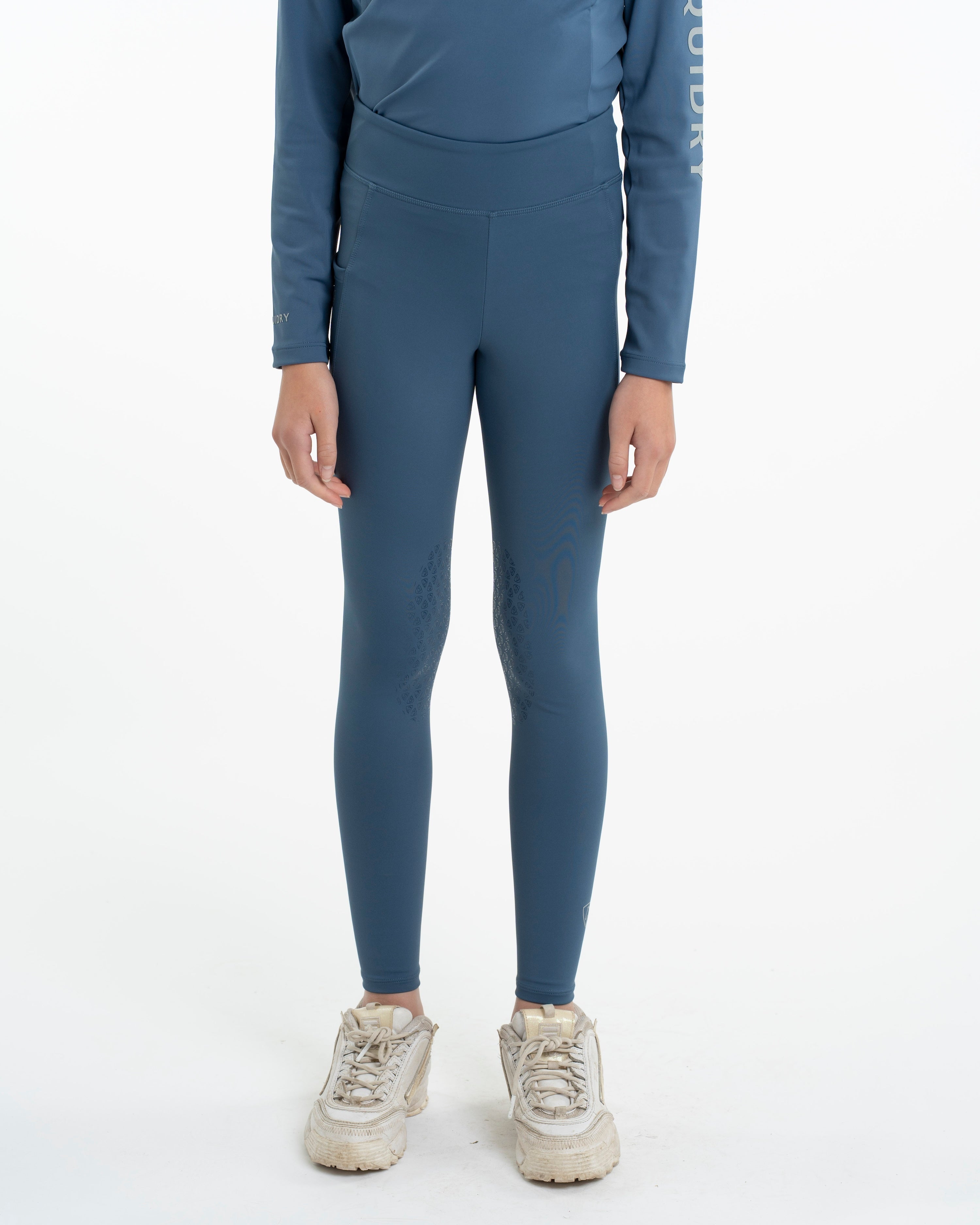 Child in EQUIDRY Steel Blue Riding Leggings: Water-Repellent Knee Grip Equestrian Apparel - 5-6-yrs