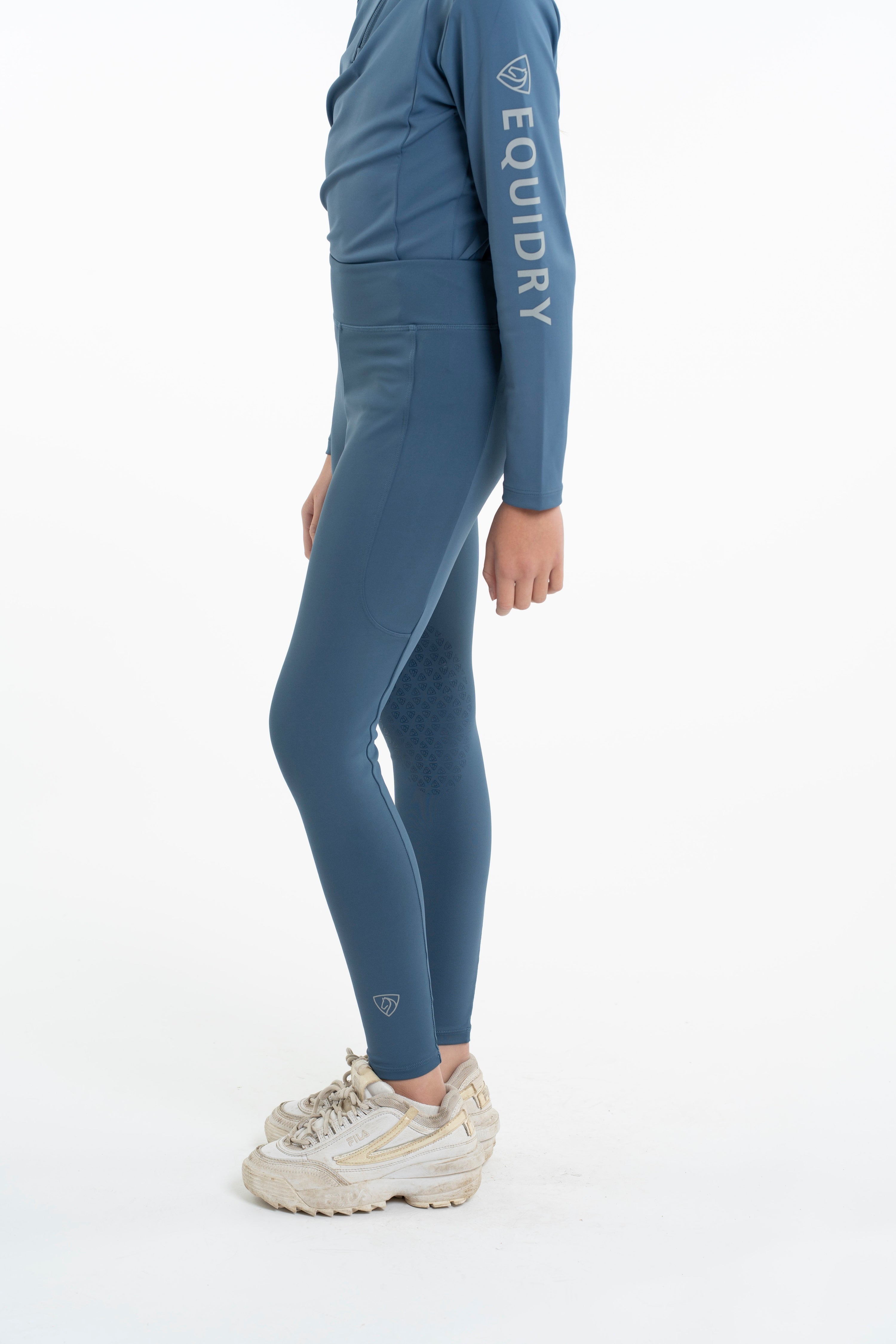 Equidry Children's Water Repellent Steel Blue Riding Leggings with Knee Grip. Kids Equestrian Apparel.