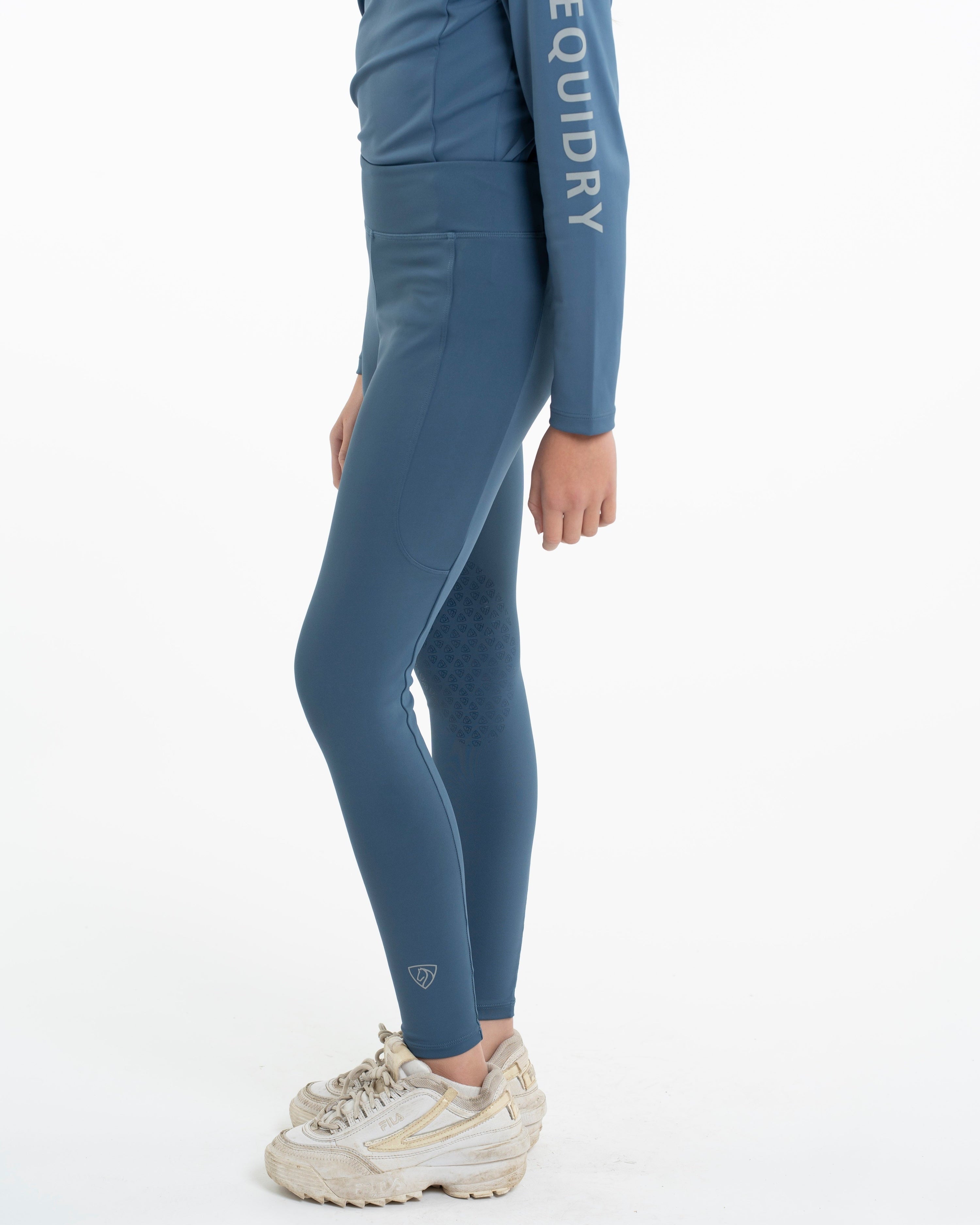 Equidry Children's Water Repellent Steel Blue Riding Leggings with Knee Grip. Kids Equestrian Apparel. - 9-10-yrs