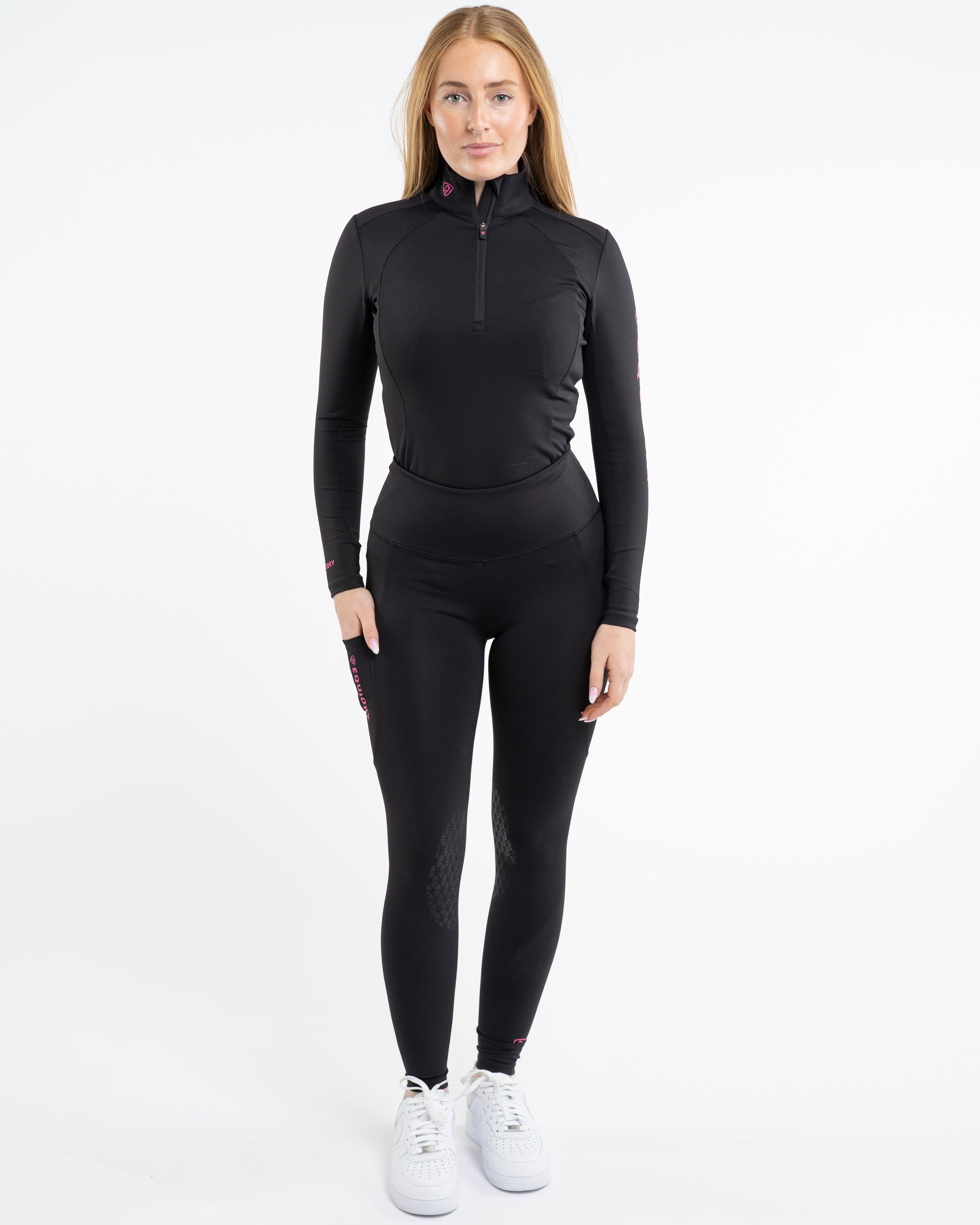 EQUIDRY Water Repellent Riding Leggings Knee Grip Women's Black/Pink | Equiflair