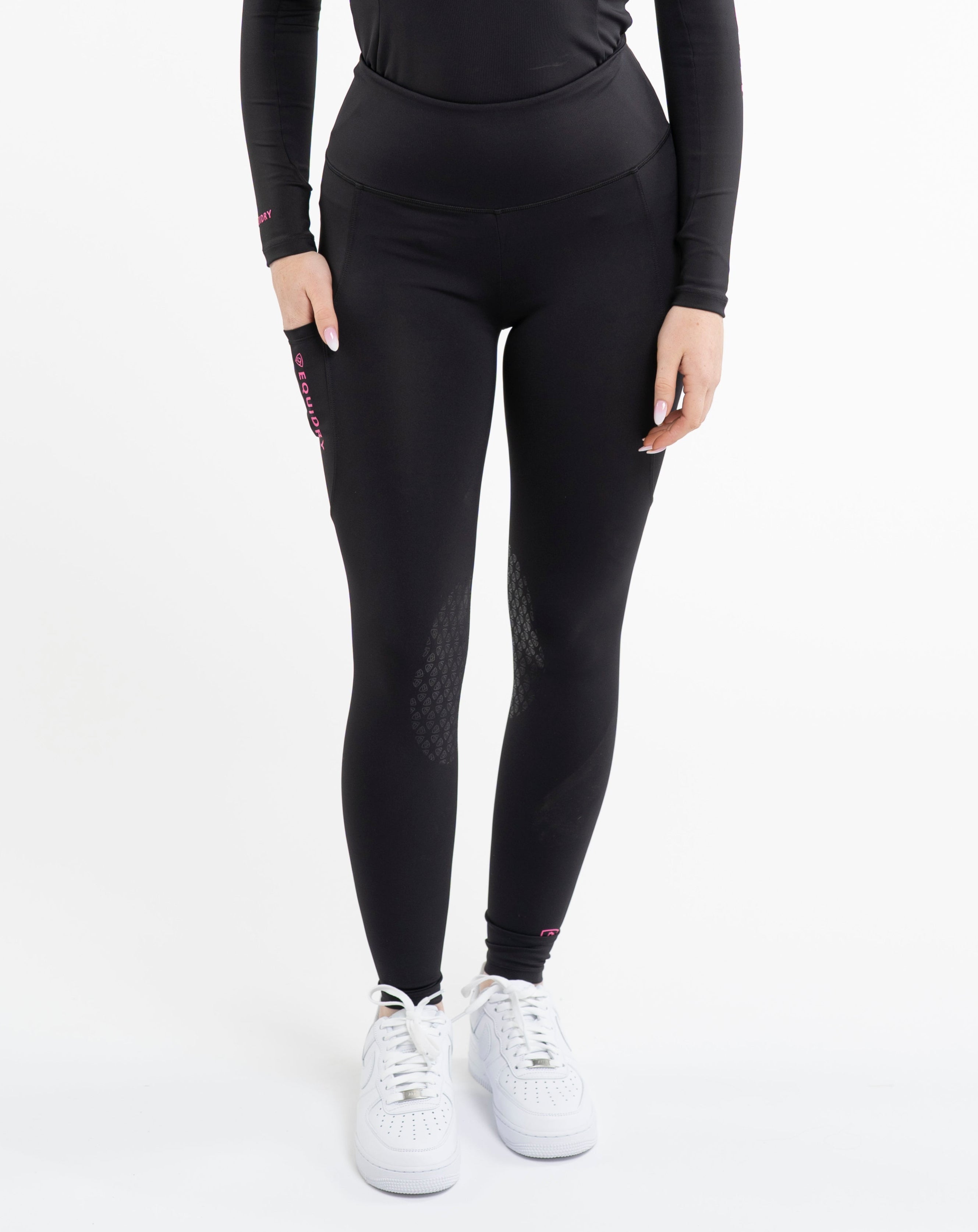 EQUIDRY Black Water Repellent Riding Leggings with Knee Grip & Phone Pocket - Equestrian Apparel