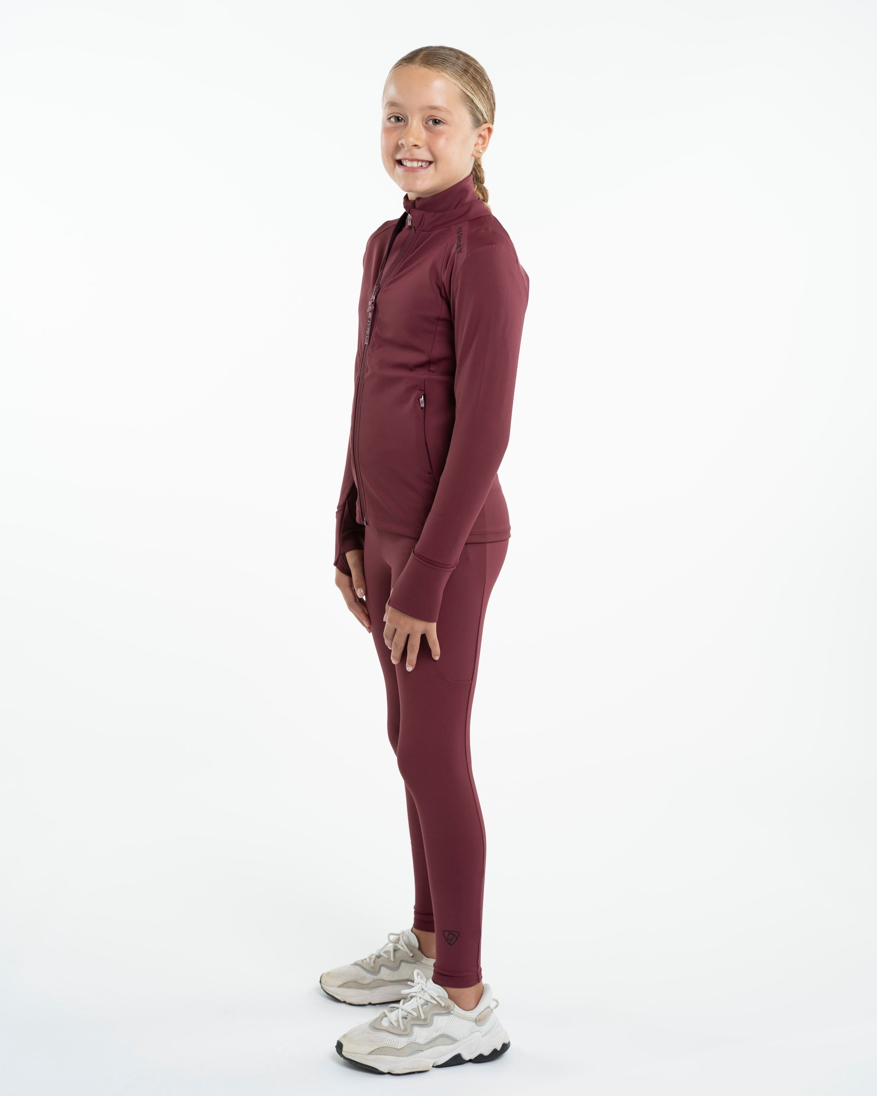 EQUIDRY Children's Plum Zip-Up Top & Leggings: Water Repellent Activewear for Girls