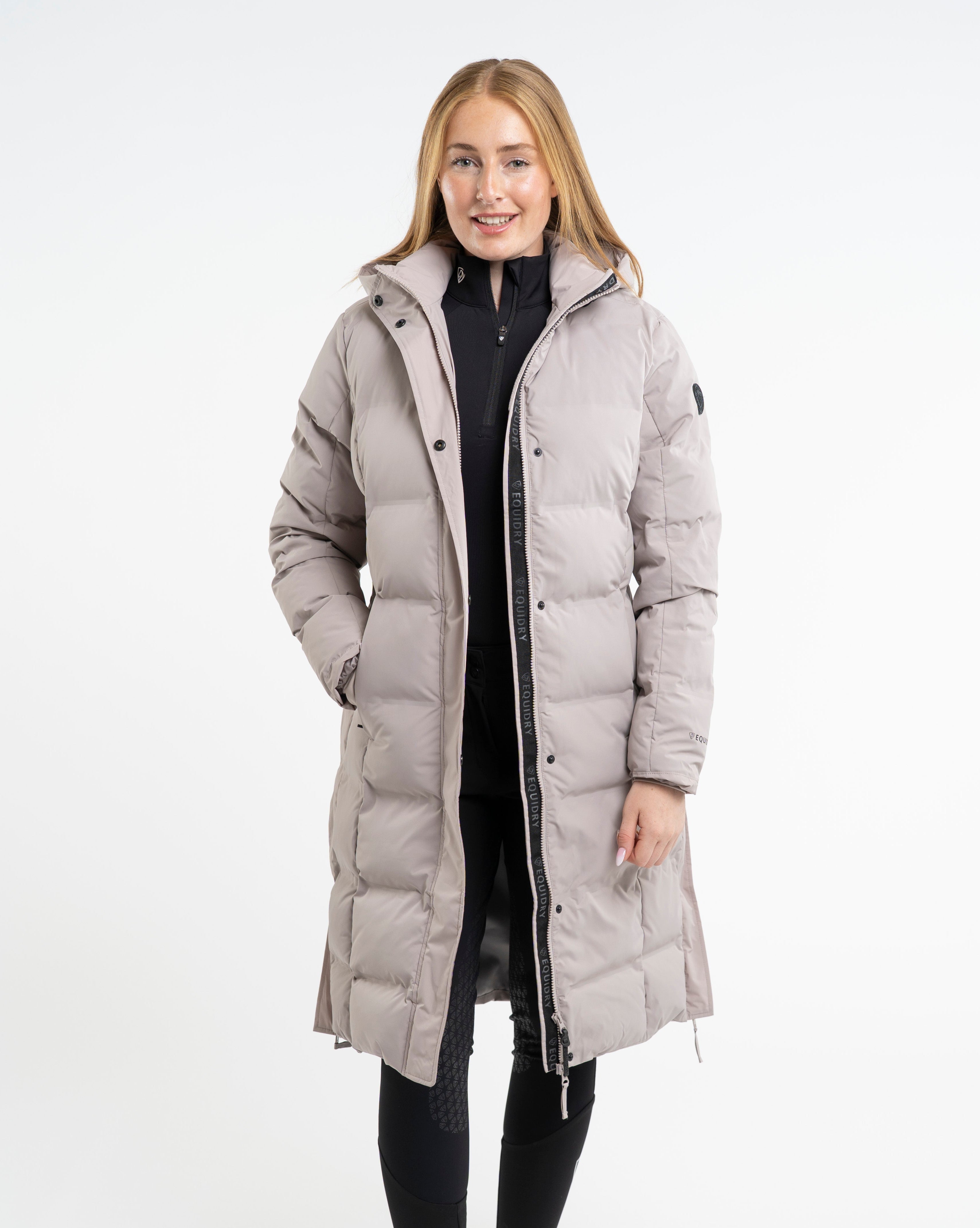EQUIDRY THORA Waterproof Riding Puffer Women's Sand Coat. Warm, stylish equestrian jacket.