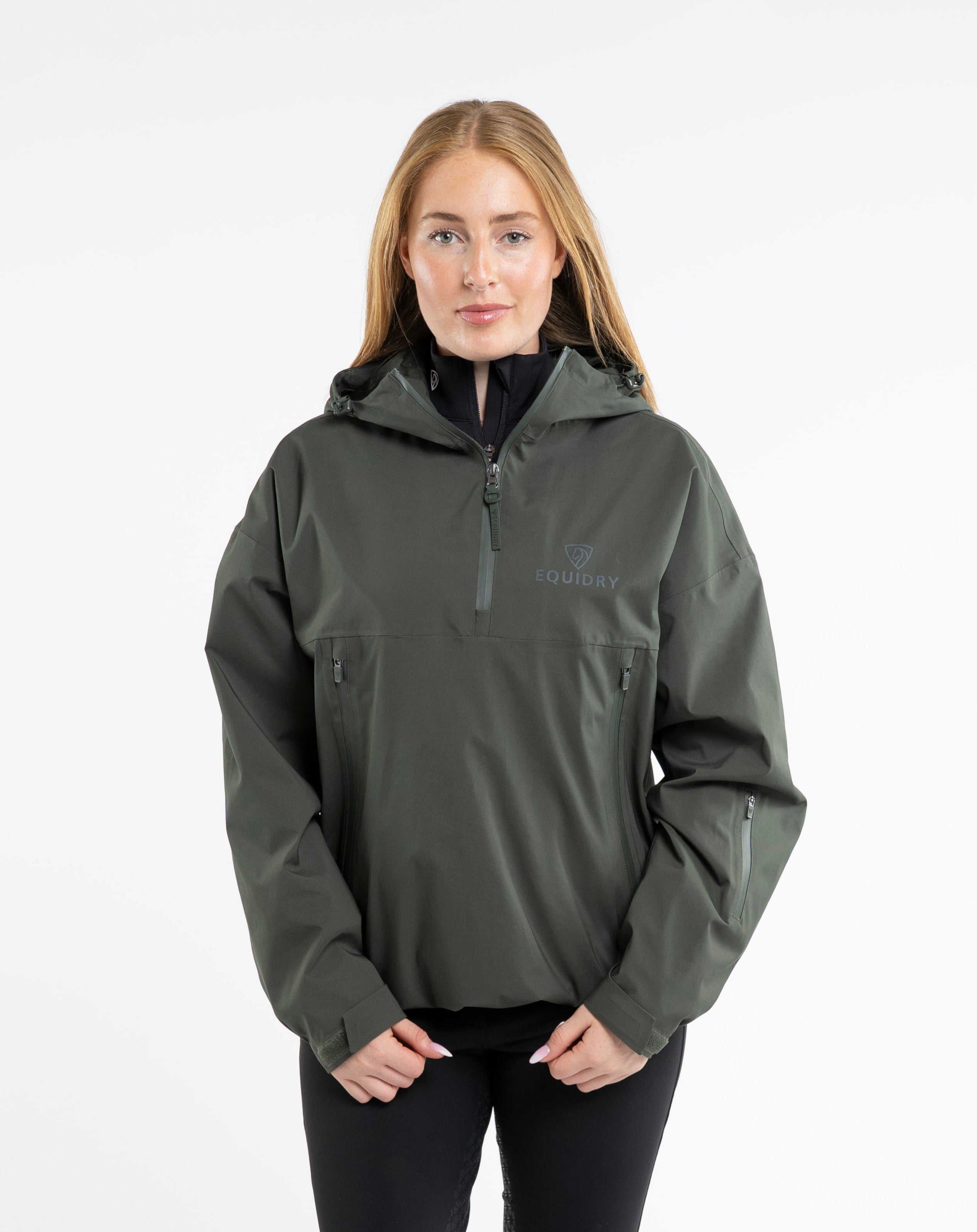 EQUIDRY Women's Storm Smock: Waterproof hoodie in Black Forest Green. Functional & stylish outdoor wear for women!