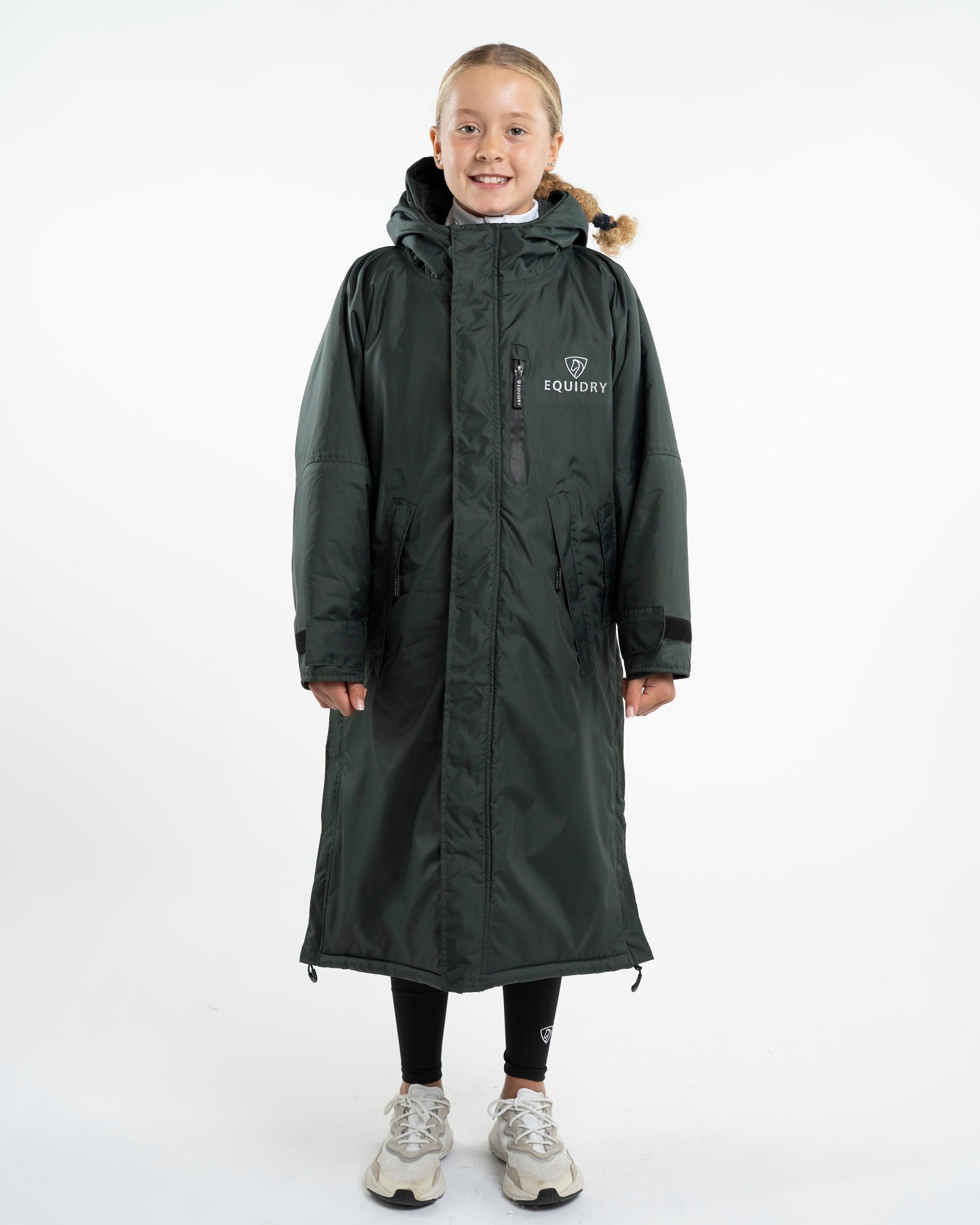 Equidry Children's Waterproof Fleece Coat Black Forest Green, Child's Riding Jacket Warm Outerwear