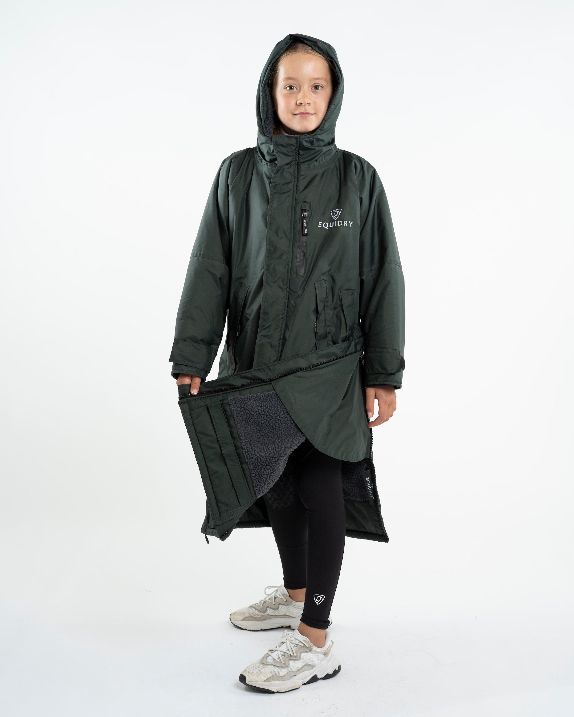 Equidry Black Forest Green Waterproof Riding Coat for Children with Fleece Lining and Hood. Girl in Equidry Winter Jacket.