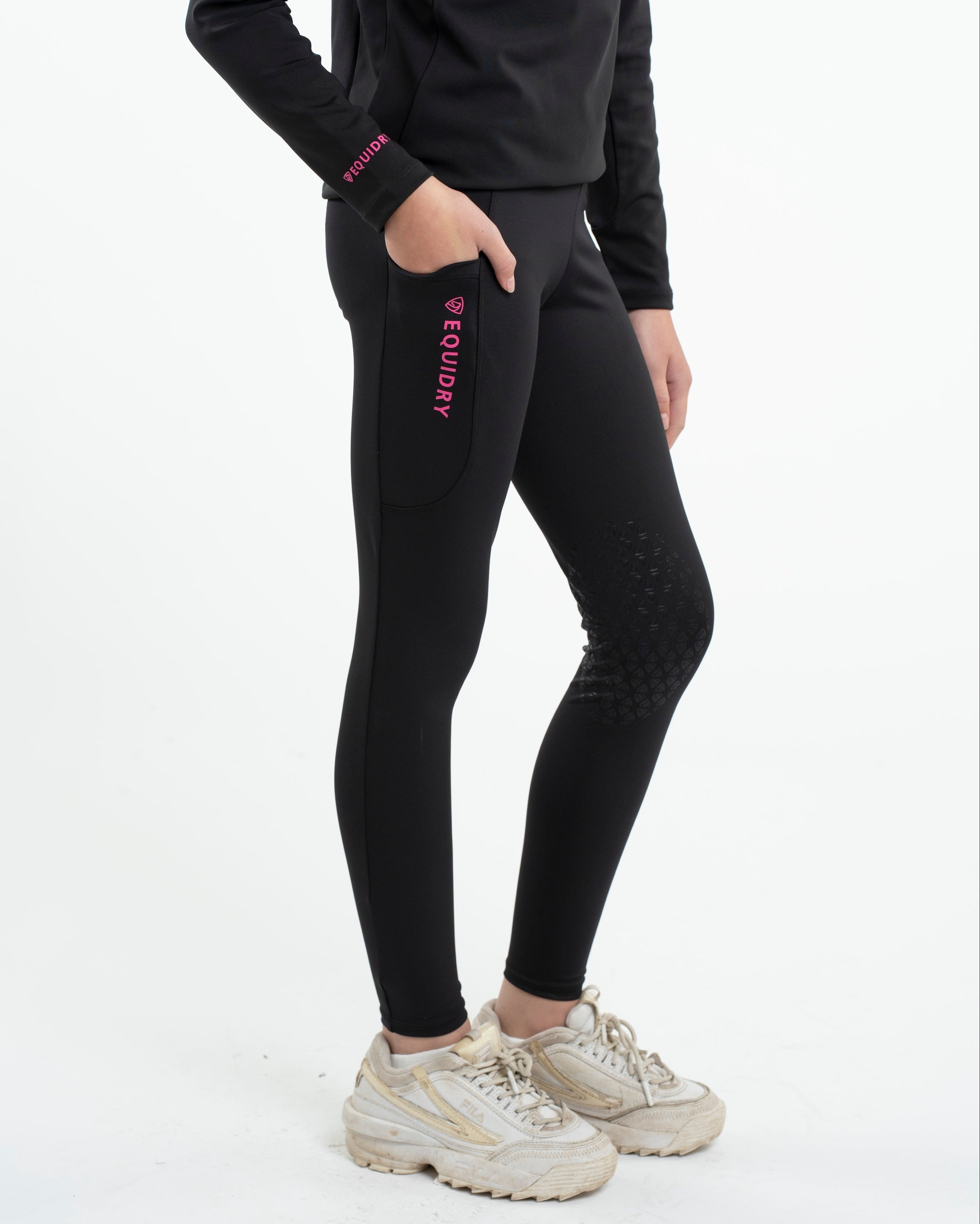 Equidry Water Repellent Equestrian Leggings: Black Children's Riding Pants with Knee Grip and Phone Pocket