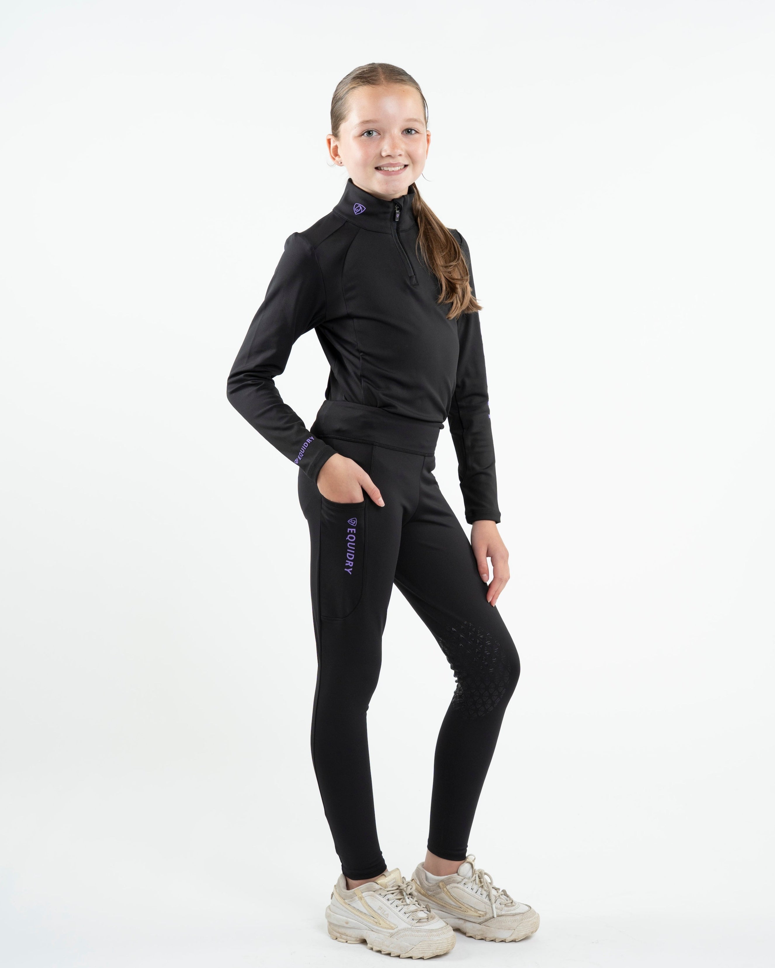 EQUIDRY Children's Water Repellent Base Layer - Black/Lilac Equestrian Riding Outfit
