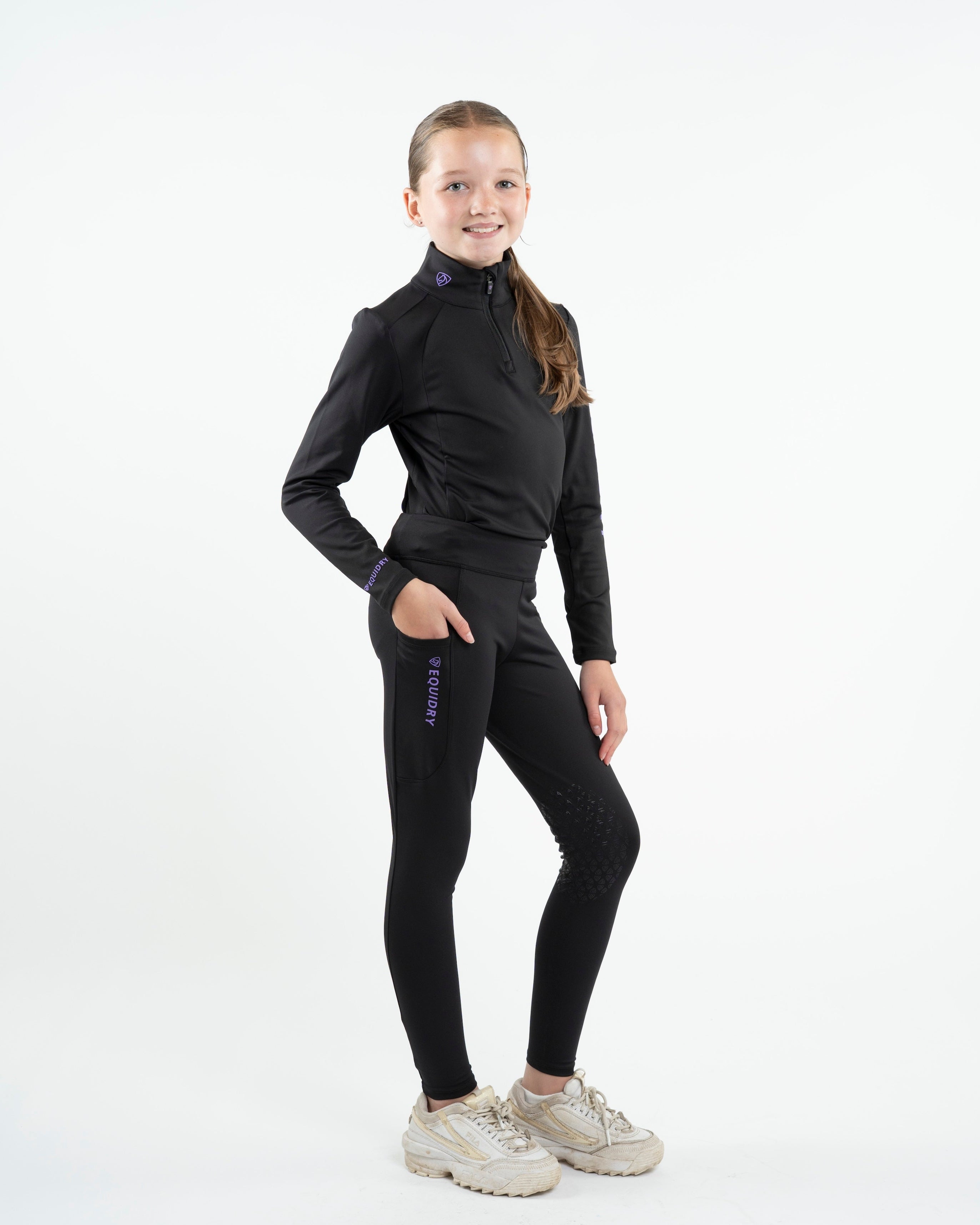 EQUIDRY Water Repellent Leggings Knee Grip Children's Black/Lilac