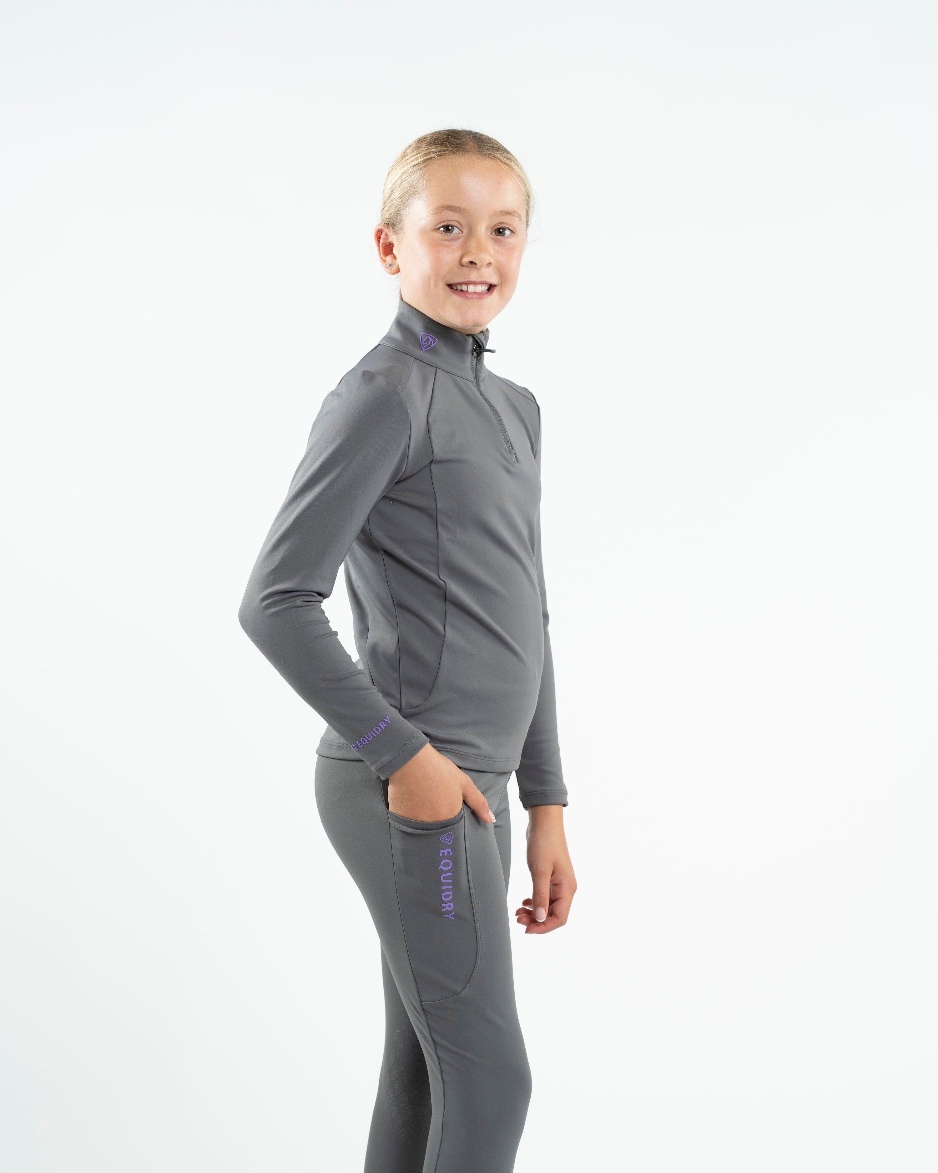 EQUIDRY Children's Water Repellent Base Layer - Grey & Lilac Equestrian Clothing
