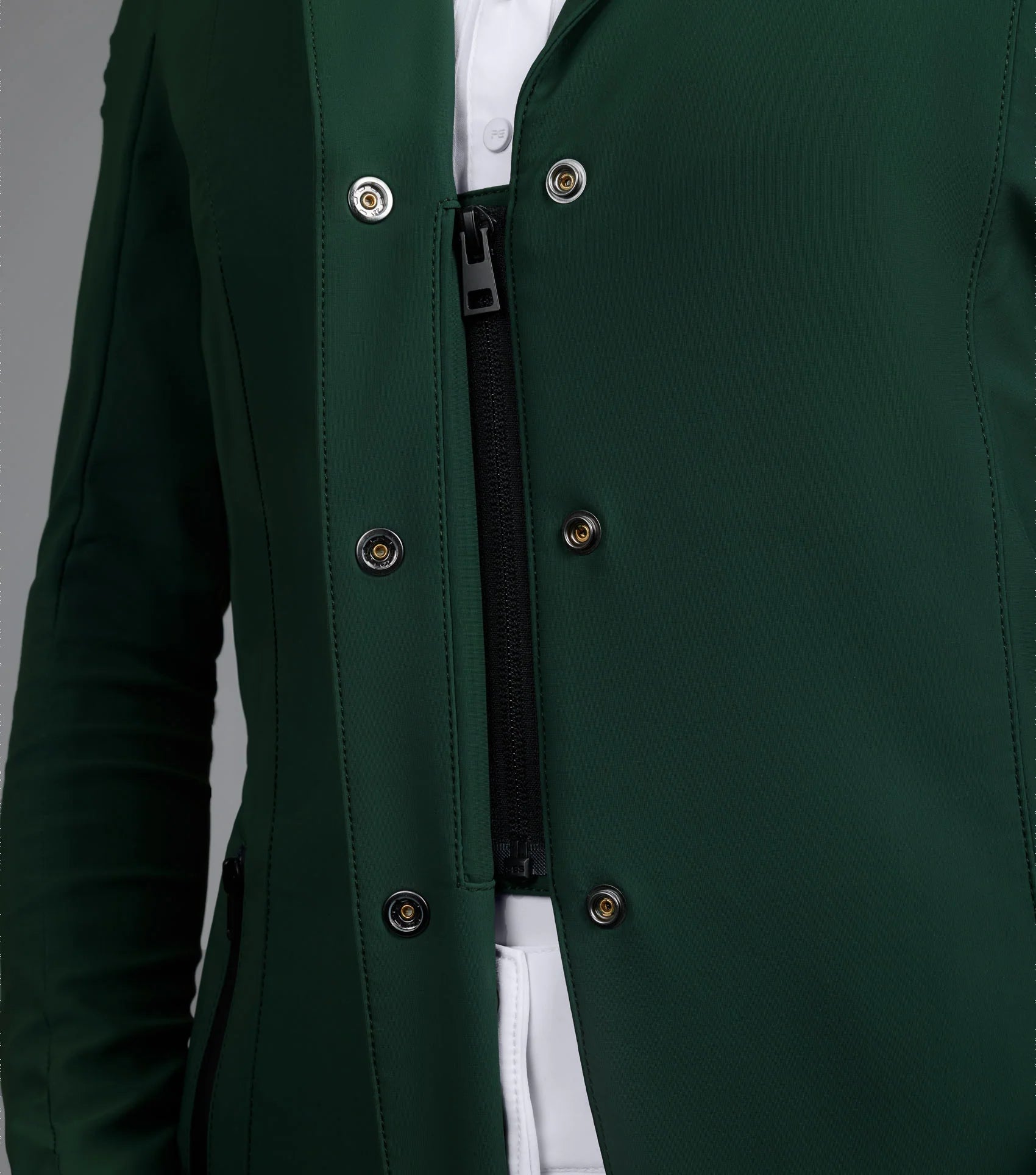 Premier Equine Evinco Ladies Competition Jacket - Alpine Green: Stylish equestrian show jacket with zip and snap closure.