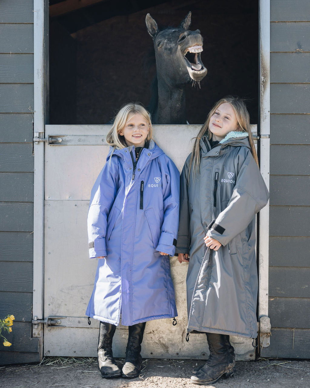 Girls Horse Riding Waterproof Coat: Kids EQUIDRY Blue Lilac Fleece Lined. Equestrian Childrens Outerwear. Horse Stall Laughing Horse.