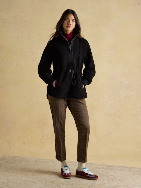 Joules Thurleston Black Borg Fleece Pullover - Women's Longline Quarter Zip Warm Jacket