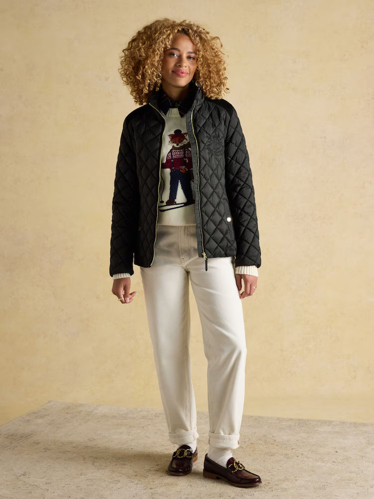 Joules Braemar Luxe Black Showerproof Diamond Quilted Coat