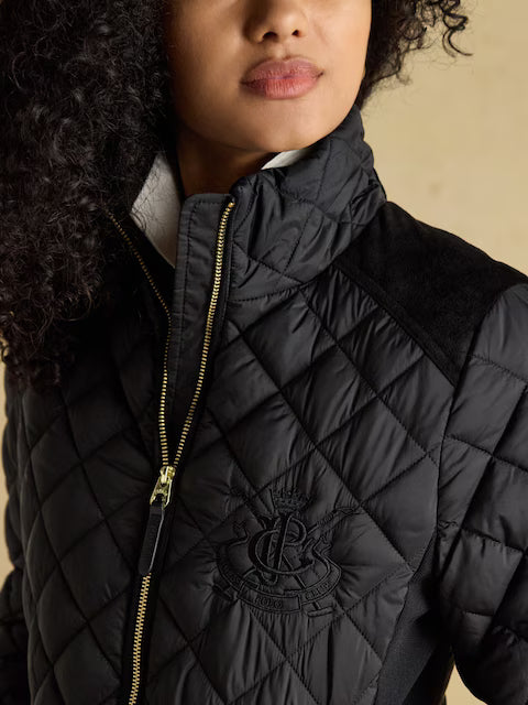 Joules Braemar Black Quilted Coat: Showerproof, Diamond Stitch, Luxe Design. Country Style Outerwear.