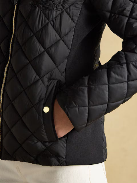 JOULES Braemar Black Quilted Coat: Showerproof diamond quilted coat with funnel neck & suedette details. Shop Joules coats online!