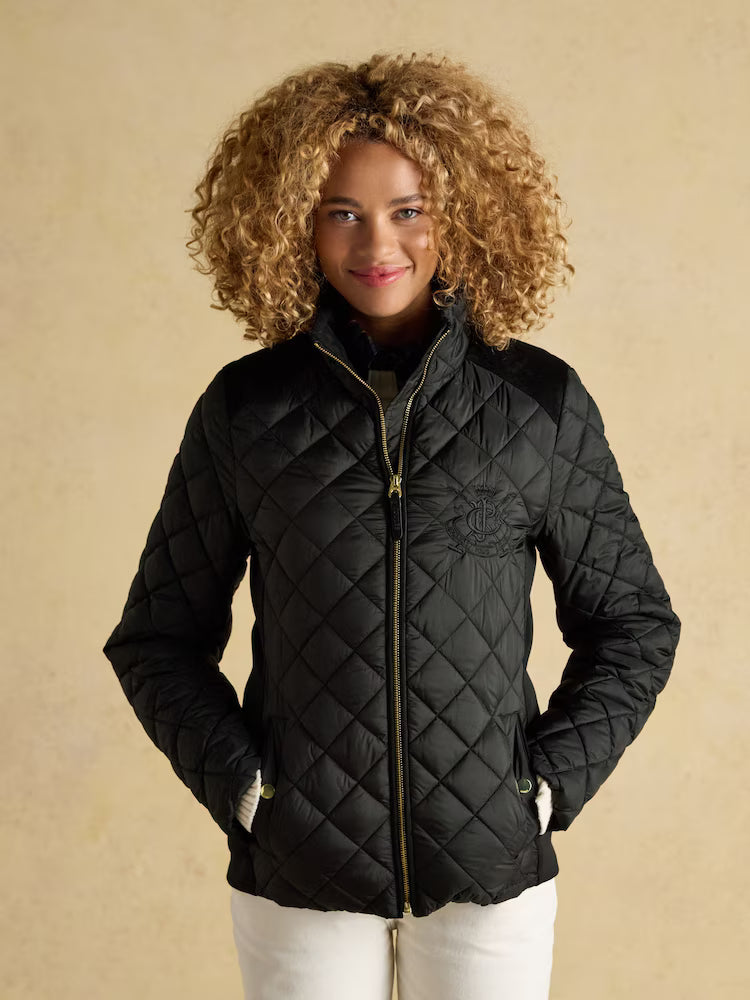 Joules Braemar Luxe Black Showerproof Diamond Quilted Coat