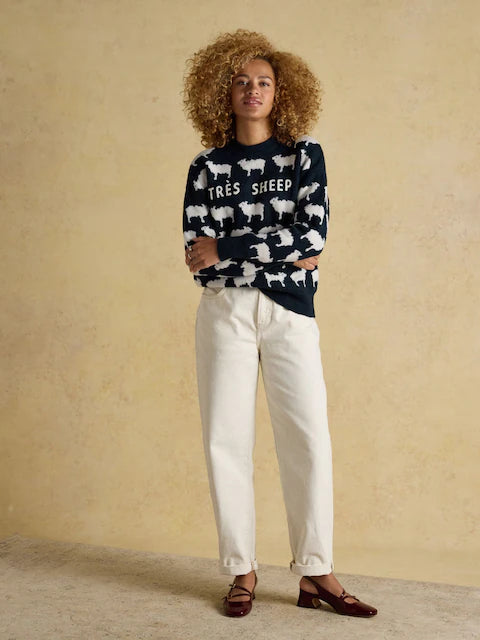 JOULES TRES SHEEP Jumper: Woman in Navy Intarsia Knit Sweater with Sheep Pattern, Relaxed Fit, Boucle Embroidery. Shop at Equiflair!