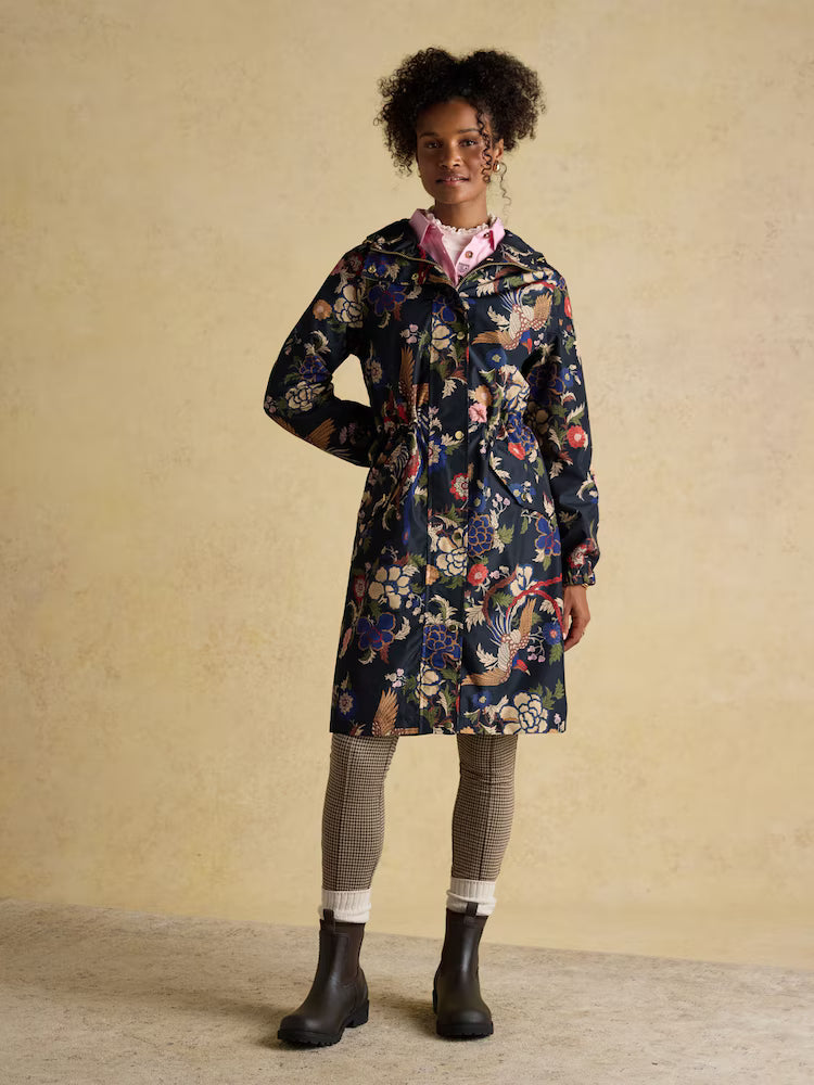 Joules Holkham Navy Bird Floral Waterproof Packable Raincoat With Hood