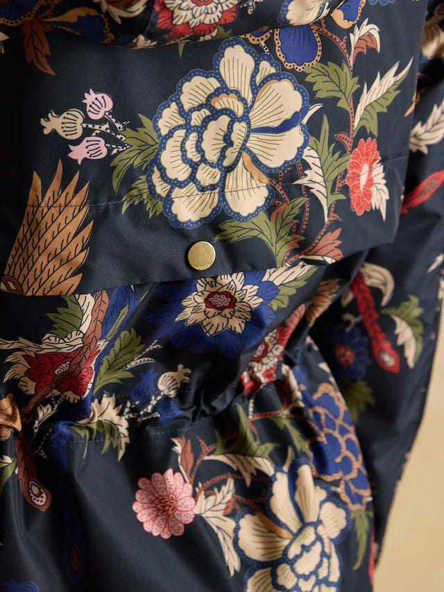 Joules Holkham Navy Bird Floral Waterproof Packable Raincoat With Hood
