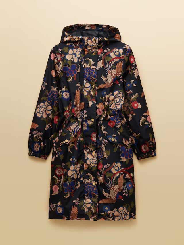 Joules Holkham Navy Bird Floral Waterproof Packable Raincoat With Hood