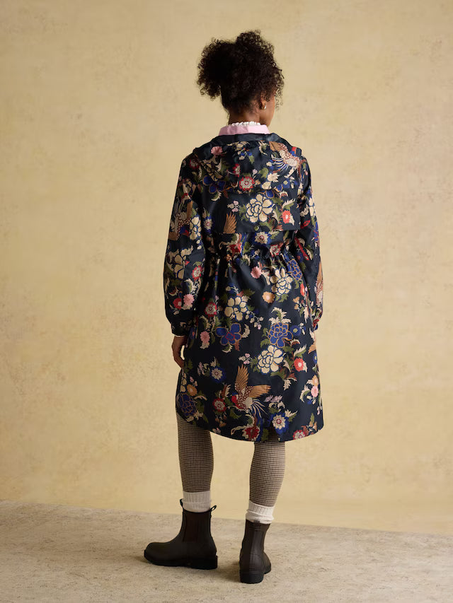Joules Holkham Navy Bird Floral Waterproof Packable Raincoat With Hood