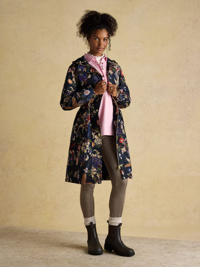 Joules Holkham Navy Bird Floral Waterproof Packable Raincoat With Hood