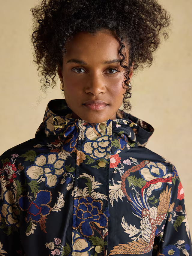 Joules Holkham Navy Bird Floral Waterproof Packable Raincoat With Hood