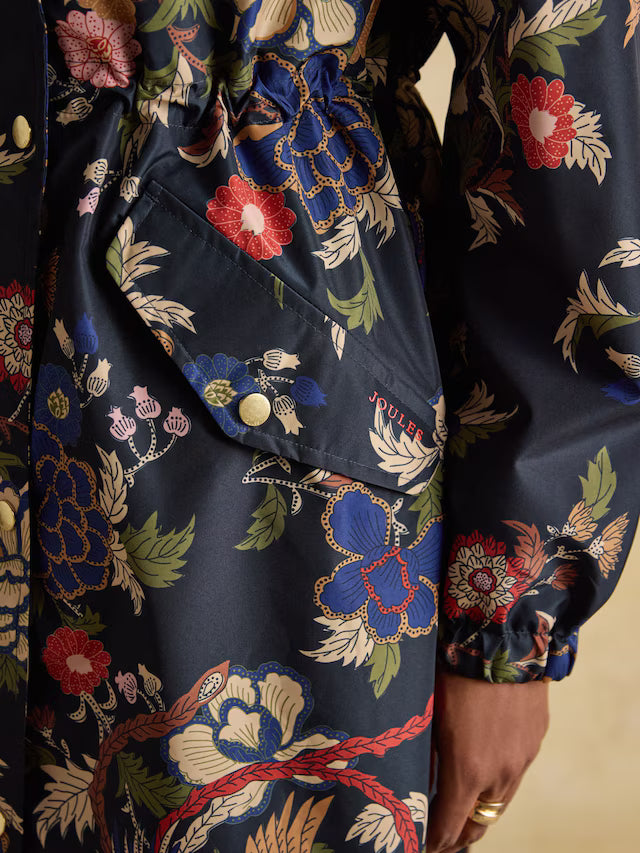 Joules Holkham Navy Bird Floral Waterproof Packable Raincoat With Hood