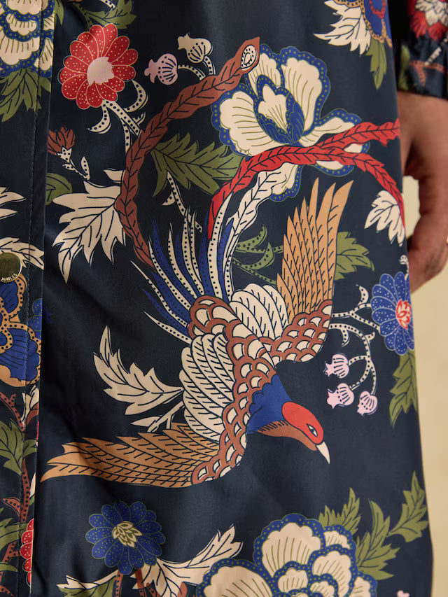 Joules Holkham Navy Bird Floral Waterproof Packable Raincoat With Hood
