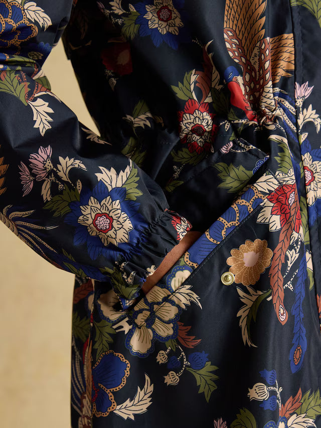 Joules Holkham Navy Bird Floral Waterproof Packable Raincoat With Hood