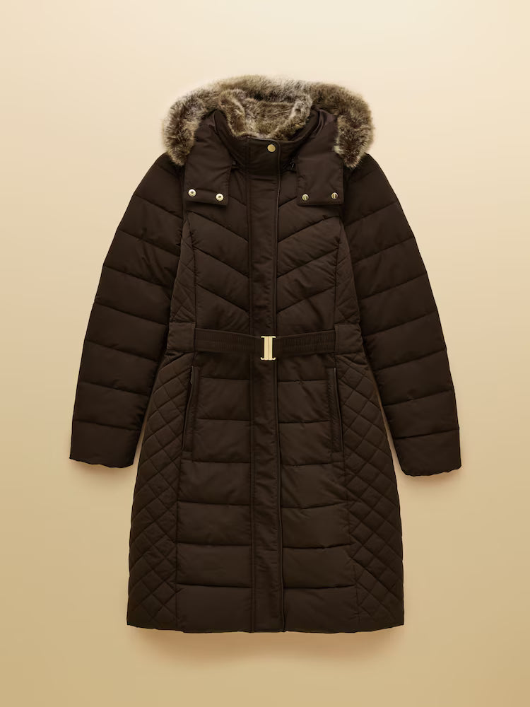Joules Aspen Brown Showerproof Longline Padded Coat with Faux Fur Hood