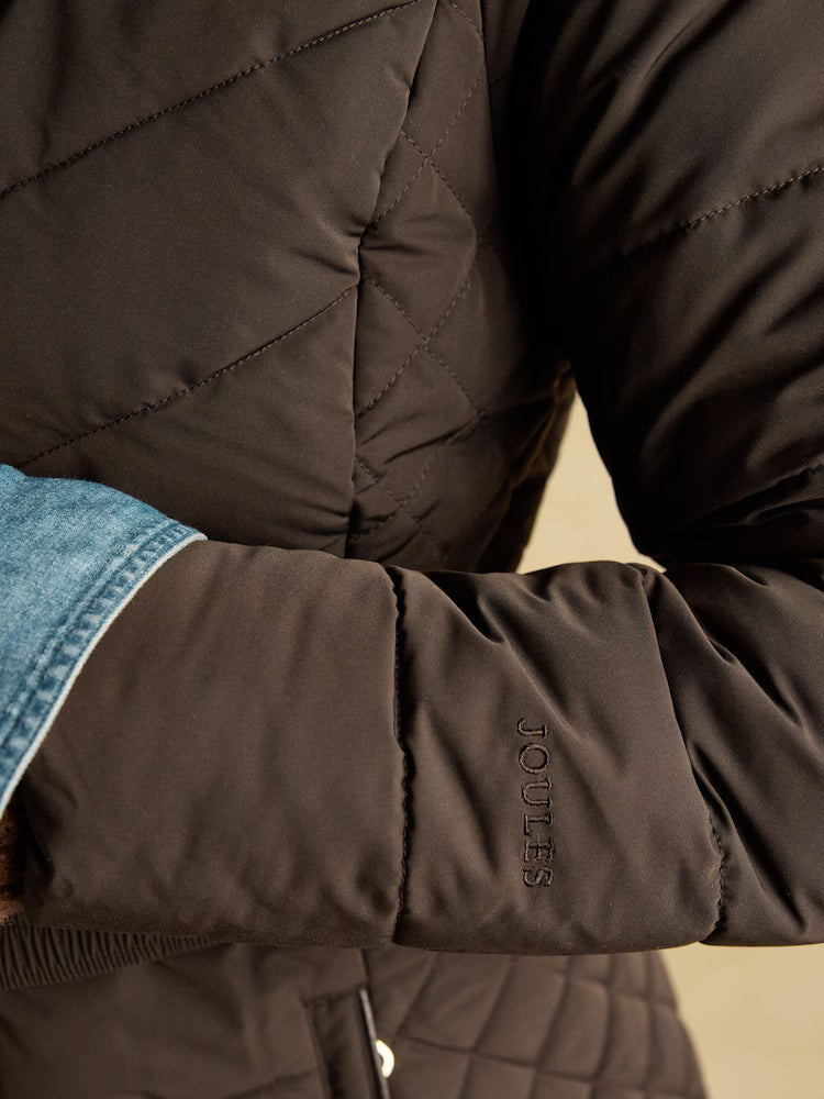 Joules Aspen Brown Showerproof Longline Padded Coat with Faux Fur Hood