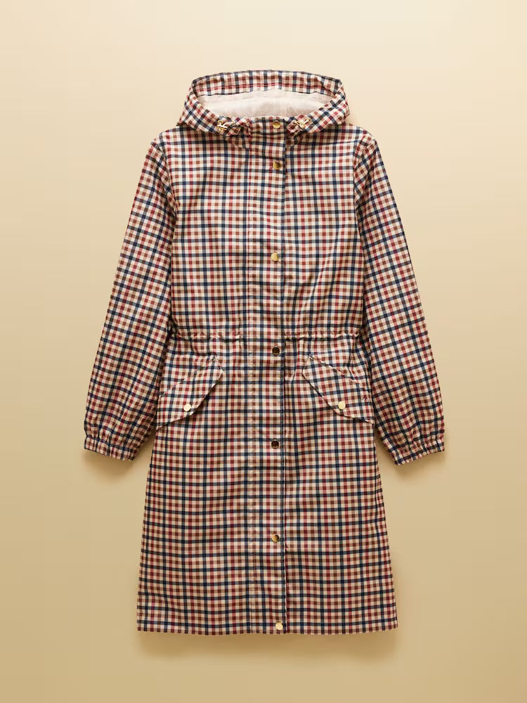 JOULES Holkham Gingham Waterproof Packable Raincoat with Hood - Women's Outerwear. Stylish checked raincoat.