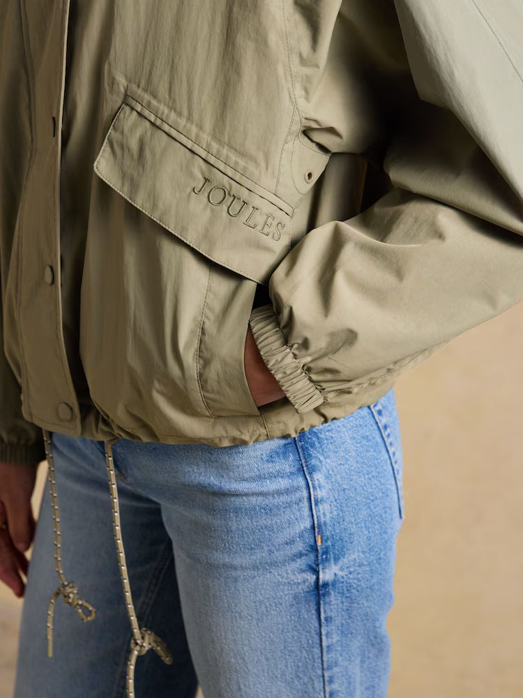 JOULES Hove Khaki Green Waterproof Windbreaker Jacket with Pack Away Hood and Adjustable Hem