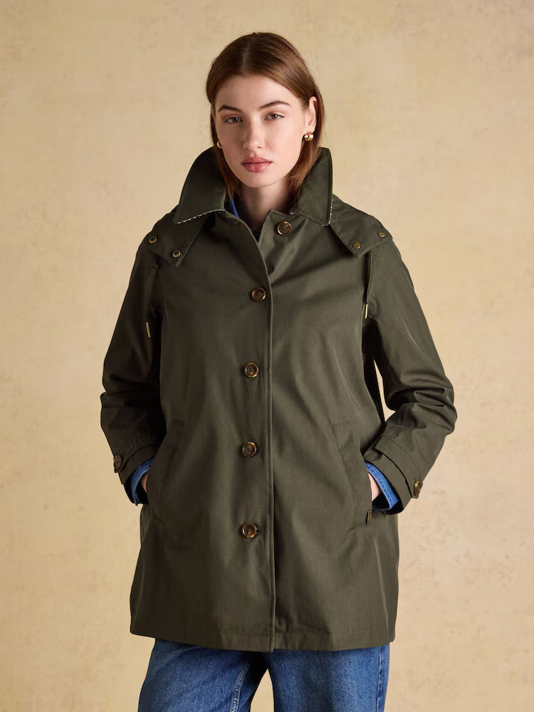 JOULES Rainmore Khaki Green Waterproof Raincoat: Button-Through Women's Outdoor Jacket
