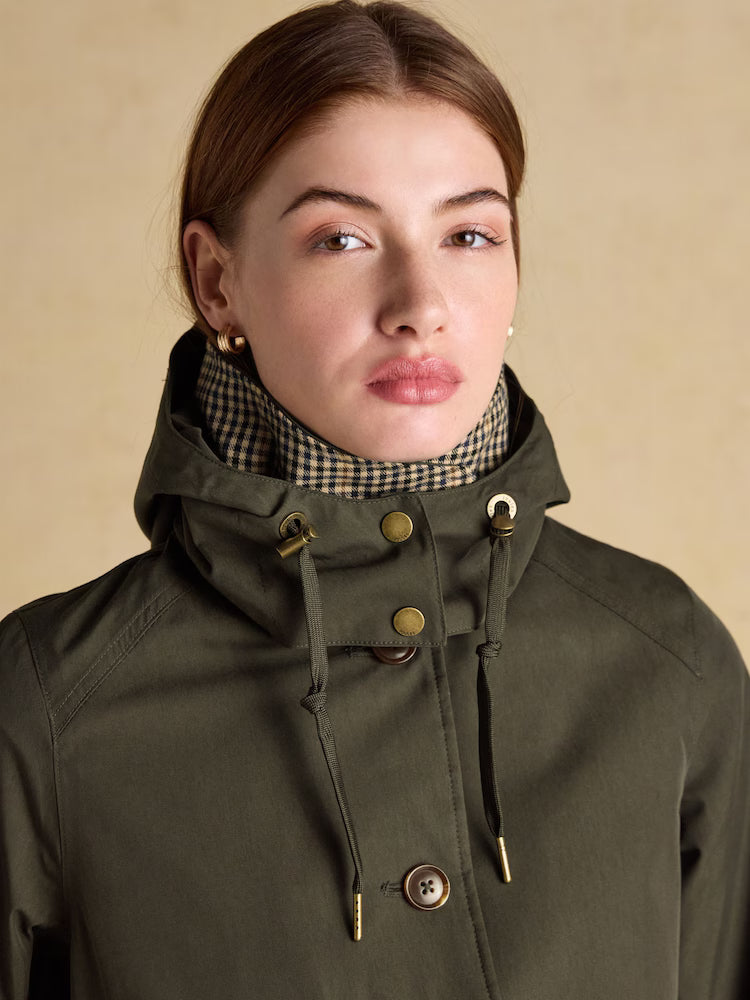 Joules Rainmore Khaki Green Waterproof Raincoat - Button Through Hooded Jacket for Women