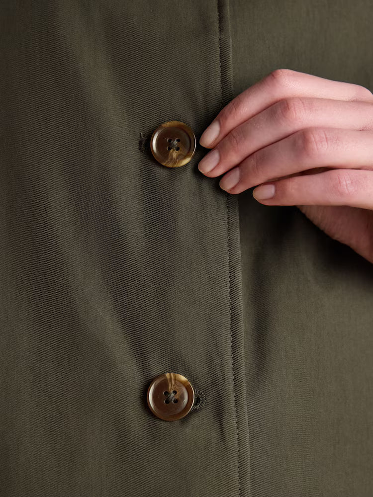 Khaki Green Raincoat Detail: Close-up of Brown Buttons on Waterproof Jacket, Hand Visible