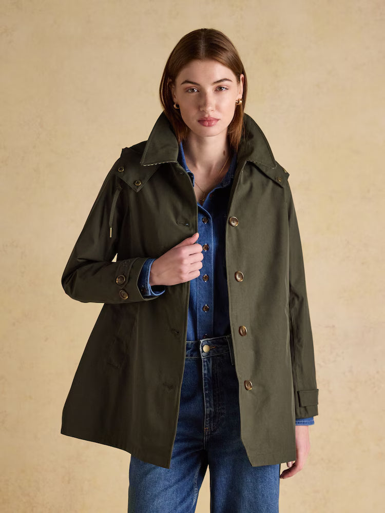 Joules Rainmore Khaki Green Waterproof Raincoat - Button Through, Hooded, Women's Outerwear