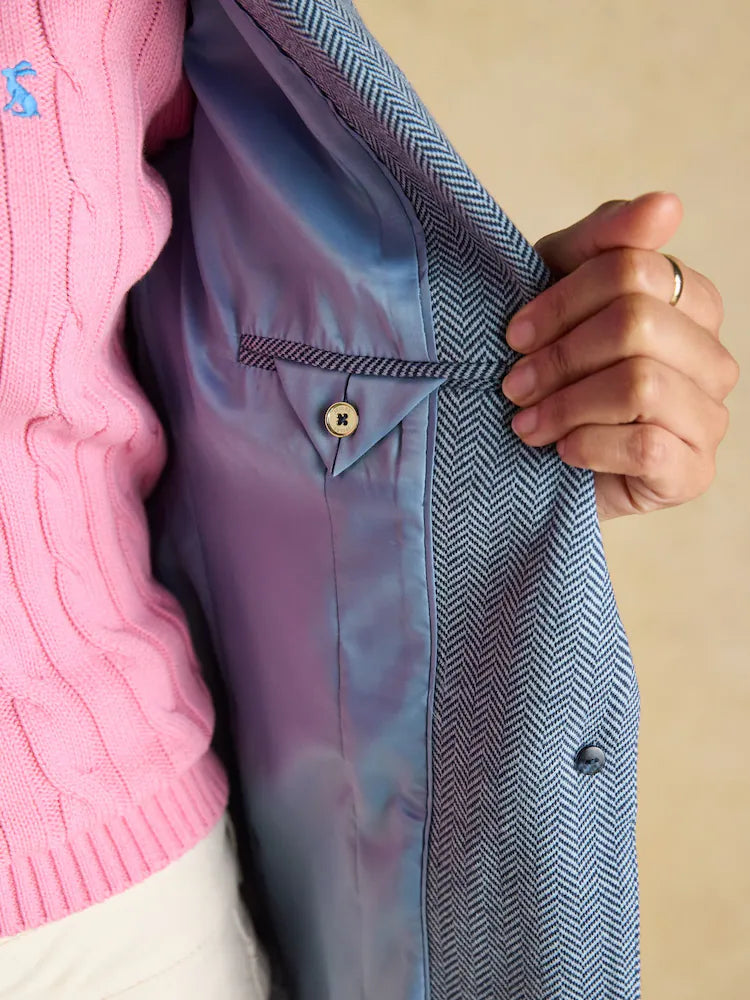 Joules Albury Blue Herringbone Jersey Tweed Blazer