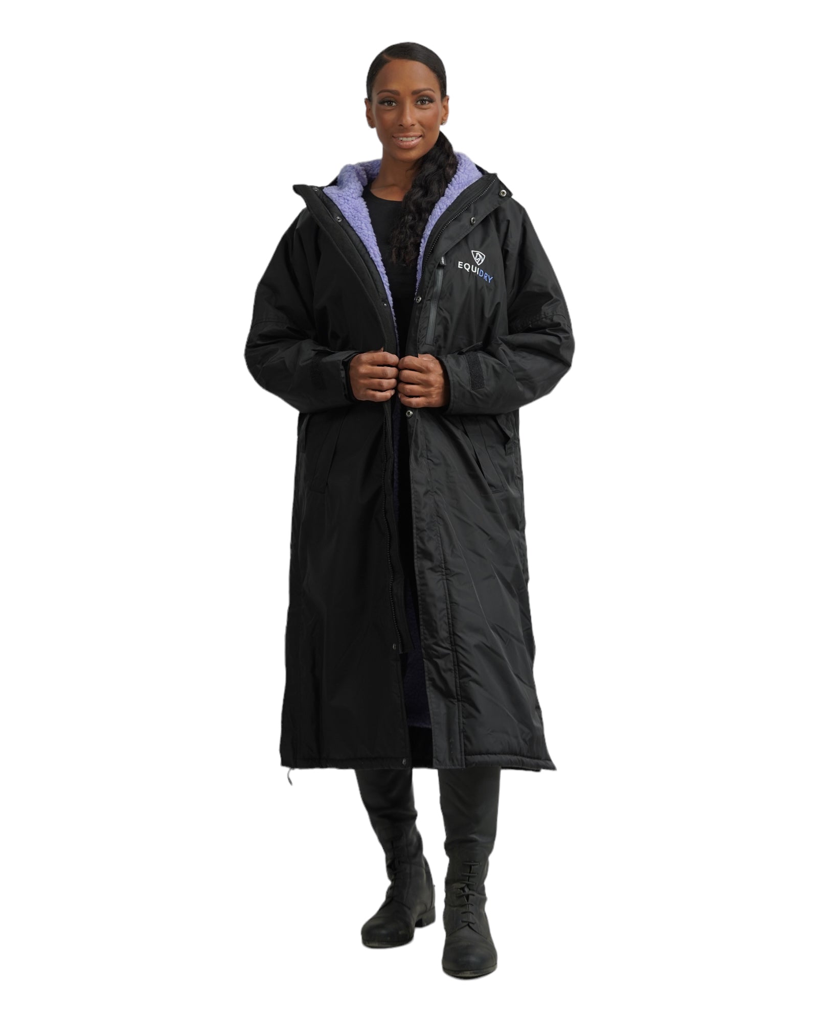 Evolution Women's Warm Waterproof Long Horse Riding Coat Thick Fleece Lining Cosy Fleece Lined Hood in Black/Lilac front coat open