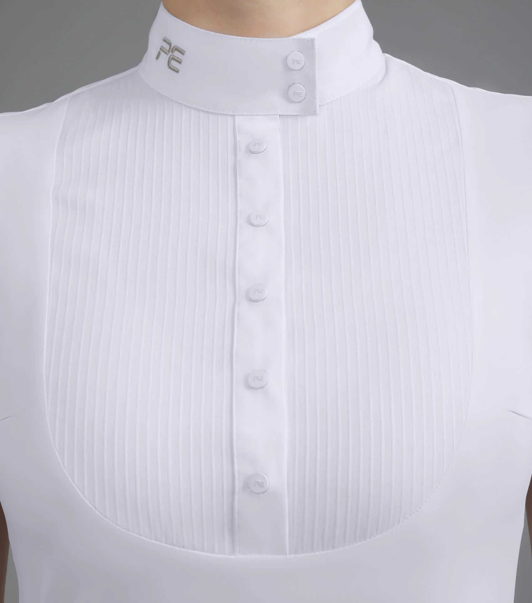 Premier Equine Famosa White Equestrian Competition Shirt. Ladies High Collar Shirt with textured Poplin Bib from Equiflair.